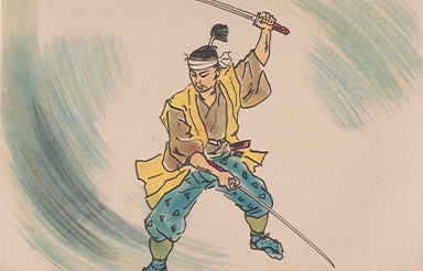 kamishibai illustration of a samurai weilding two swords