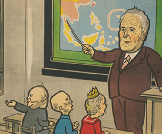 Color image detail from kamishibai showing a teacher pointing at a map in front of three students