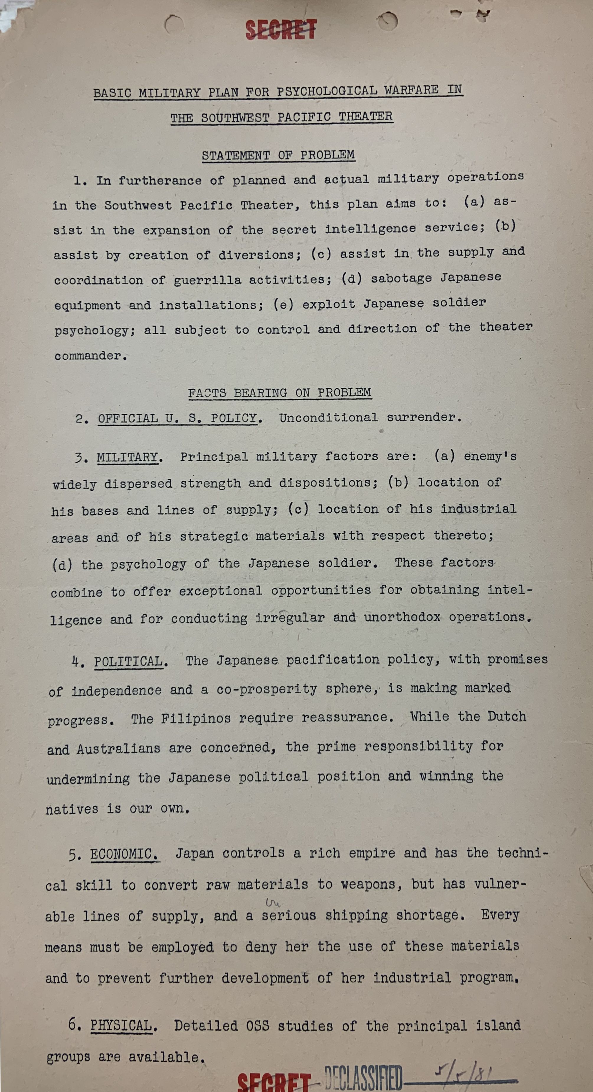 Typed page from a formerly "Secret" designated copy of the Basic Military Plan for Psychological Warfare in the Southwest Pacific Theater by Bonner Fellers.