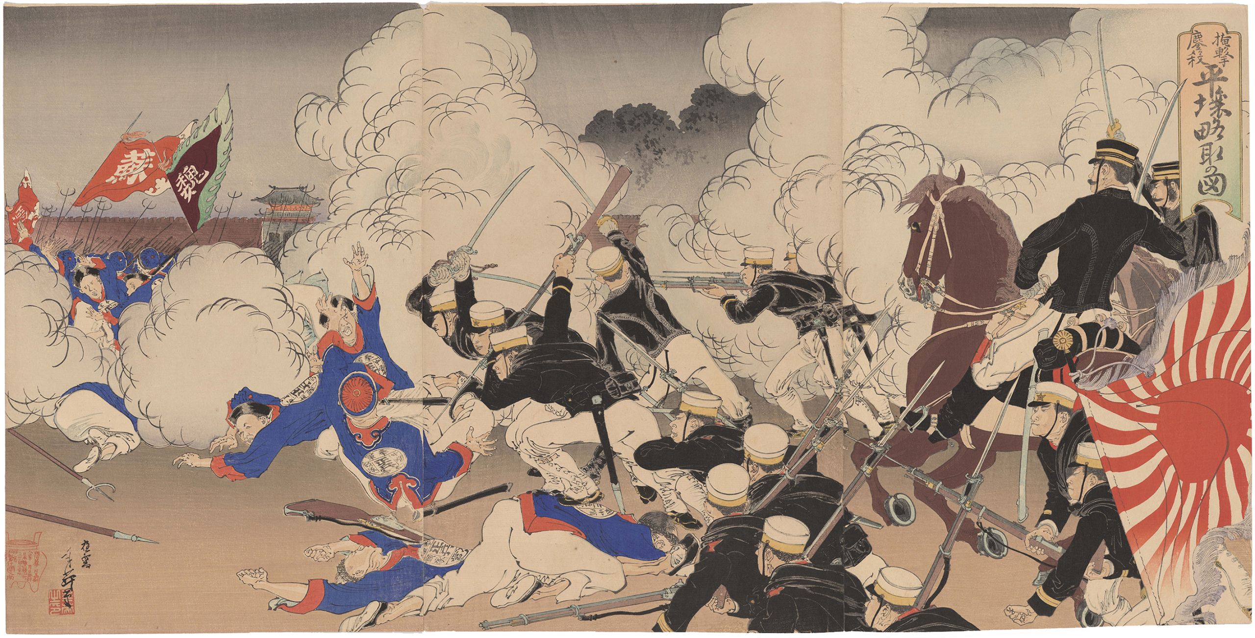 Migita Toshihide (1863–1925). Surprise Attack: The Capture of Pyongyang, 1894. Right-most triptych of an ōban enneaptych woodblock print. Japanese Woodblock Print Collection, Hoover Institution Archives