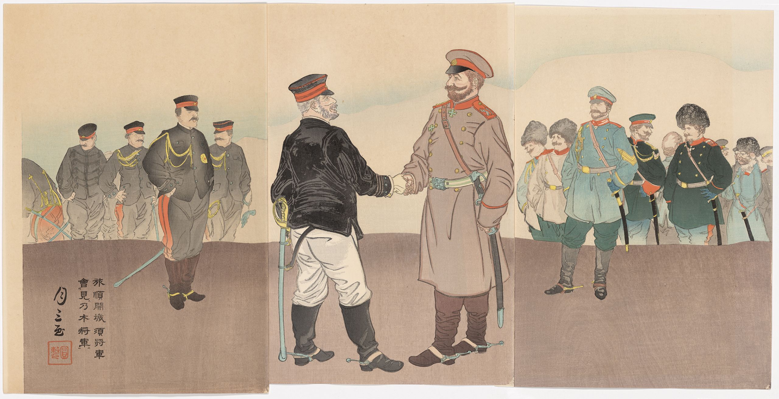 月三 Gessan. The surrender of Port Arthur, General Stessel meets with General Nogi, 1905. Ōban triptych woodblock print. Japanese Woodblock Print Collection, Hoover Institution Archives