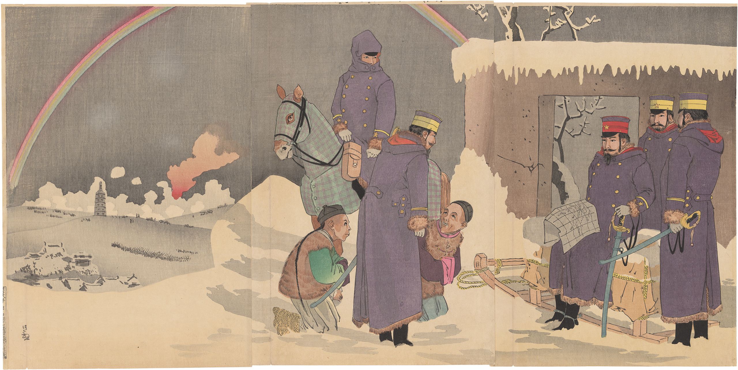 Kobayashi Kiyochika (1847–1915). In Clear Weather after Snow, General Nozu’s Advance on Liaoyang, 1895. Ōban triptych woodblock print. Japanese Woodblock Print Collection, Hoover Institution Archives (2019C113.015)
