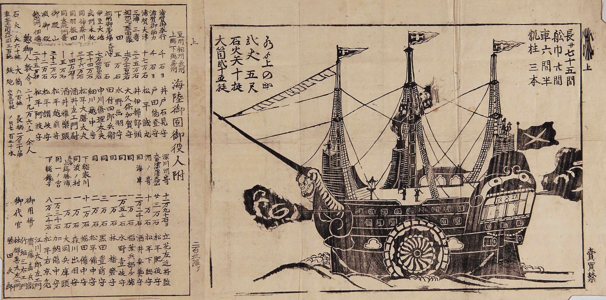 A kawaraban (broadsheet) depicting one of Commodore Perry's fire-breathing black ships, 1853. Courtesy of Hachirō Yuasa Memorial Museum.